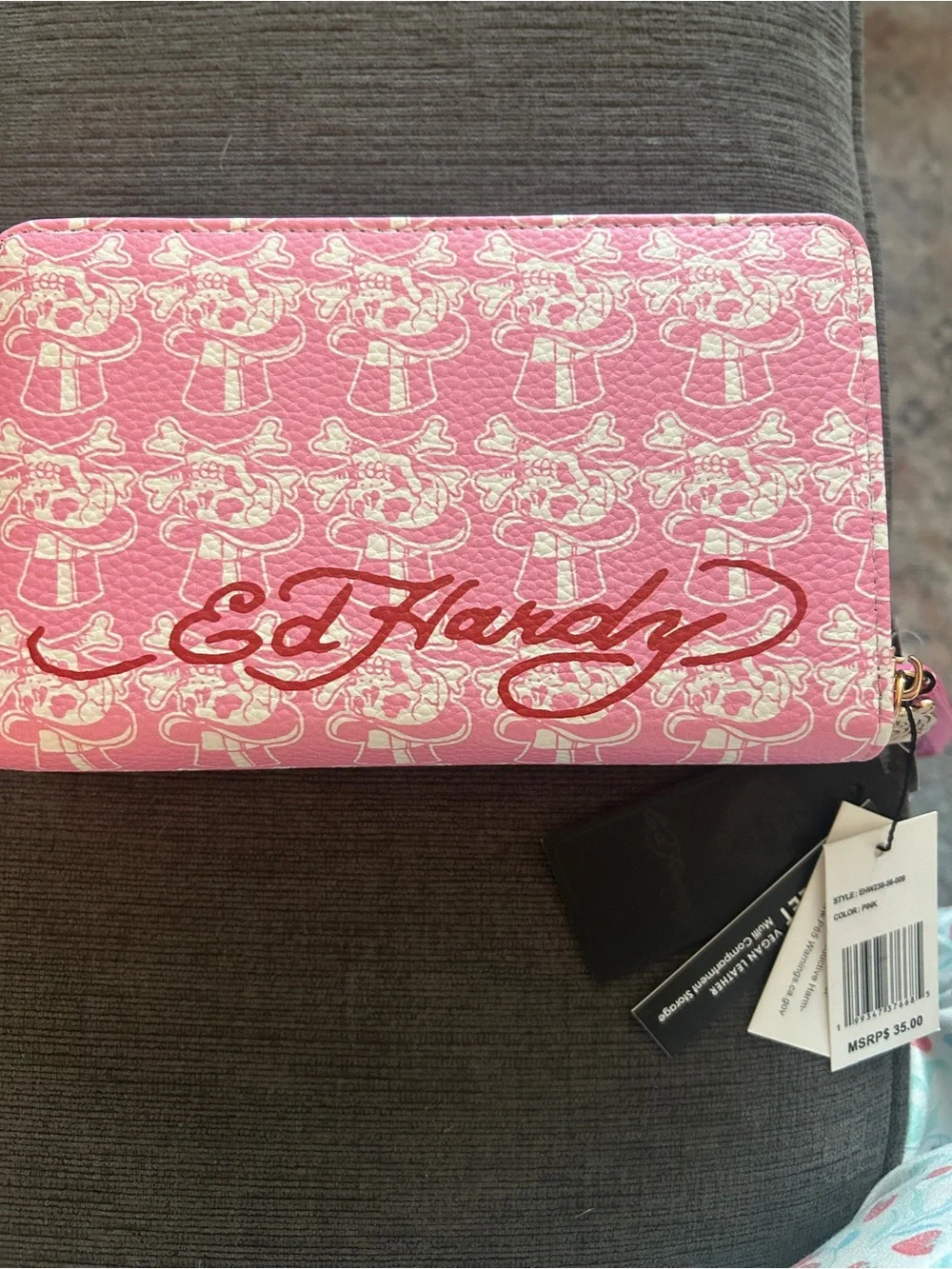 Ed Hardy pink double zip wristlet wallet with rhinestone accents